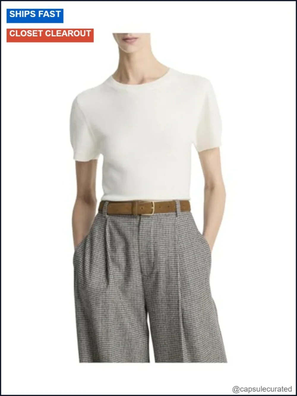 Wool & Cashmere Blend Short Sleeve Sweater - Crew Neck Pullover